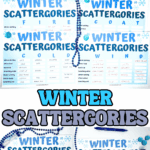 Winter Scattergories printable game sheets in light blue with categories for winter clothing, food, and animals, displayed with blue beads, pens, and a timer on a white surface.