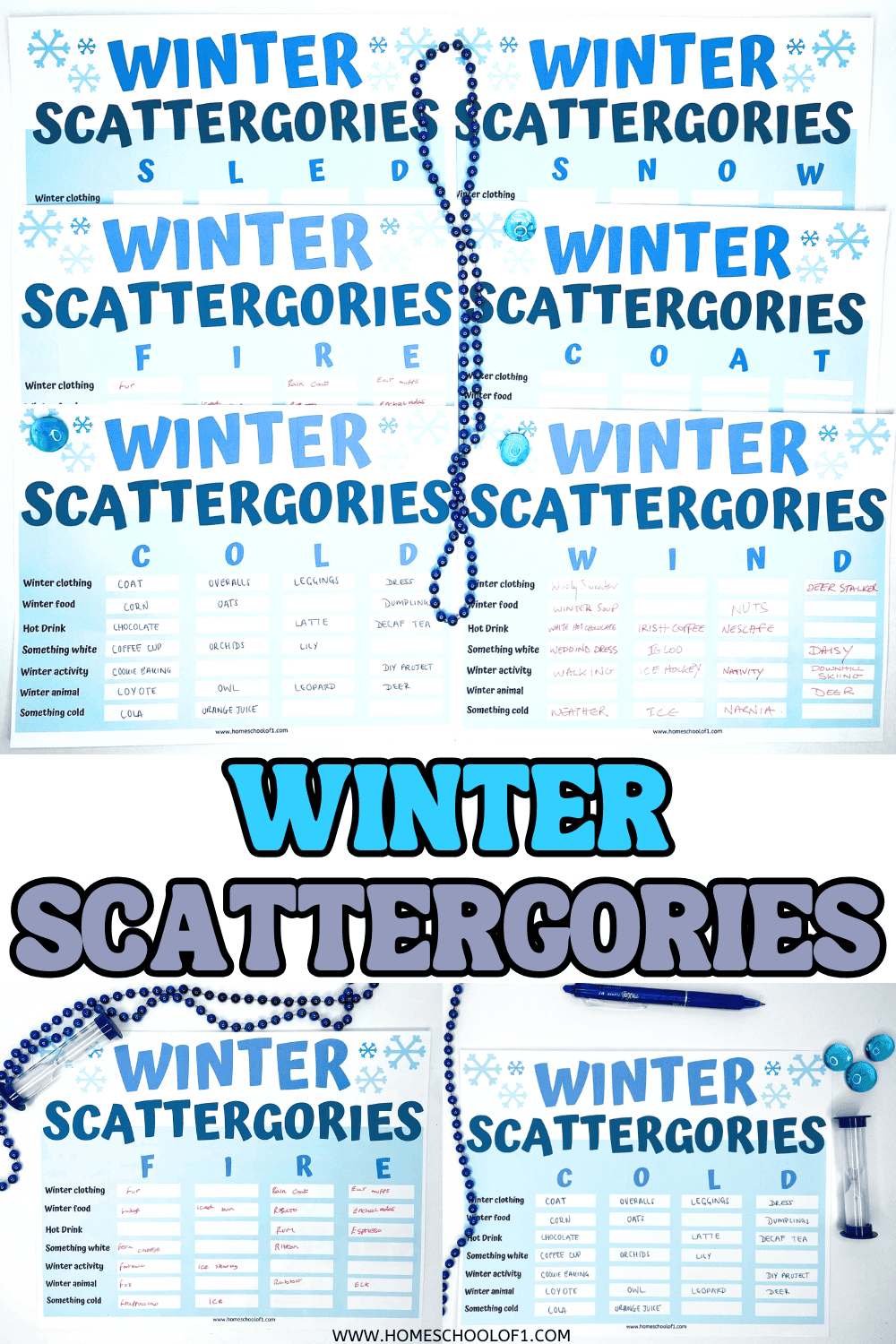 Winter Scattergories printable game sheets in light blue with categories for winter clothing, food, and animals, displayed with blue beads, pens, and a timer on a white surface.