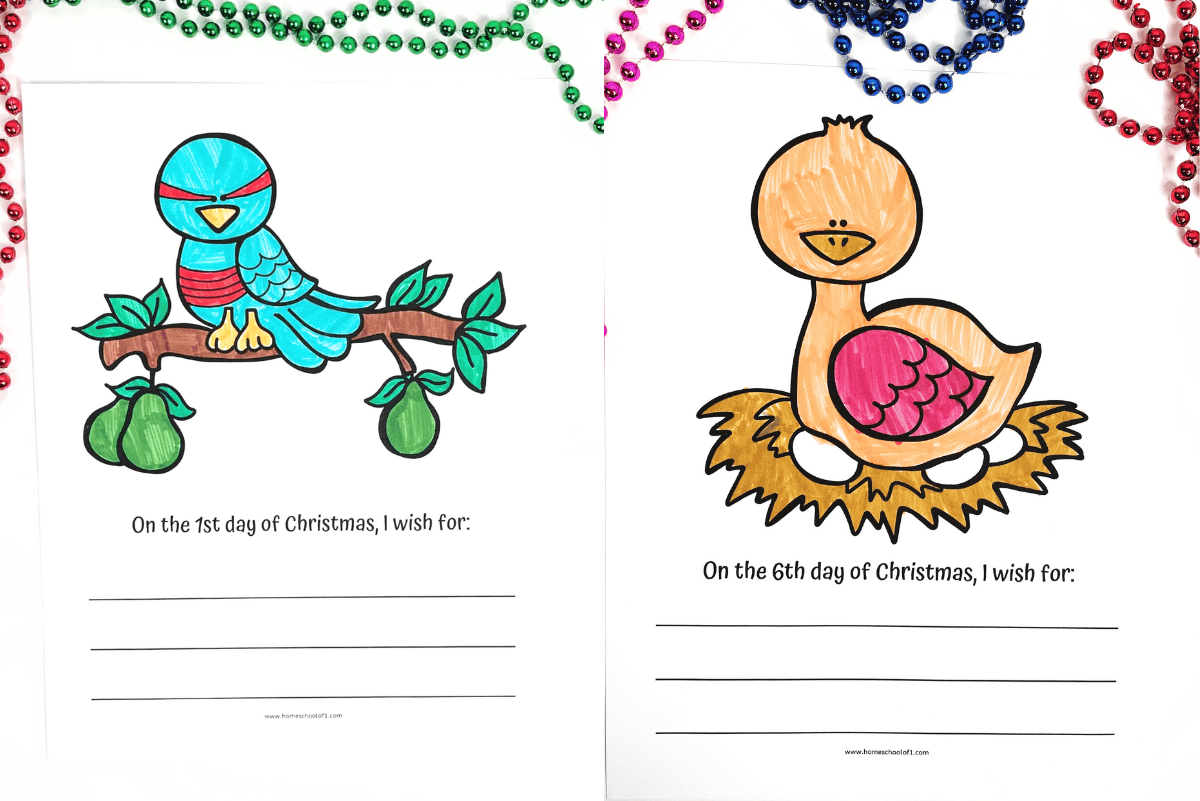 Side-by-side 12 Days of Christmas writing prompt pages for kids featuring a partridge in a pear tree and a goose a-laying, each with space to write a holiday wish.