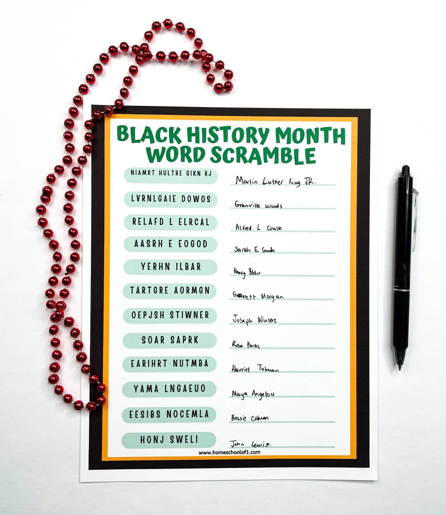 black history month word scramble answers