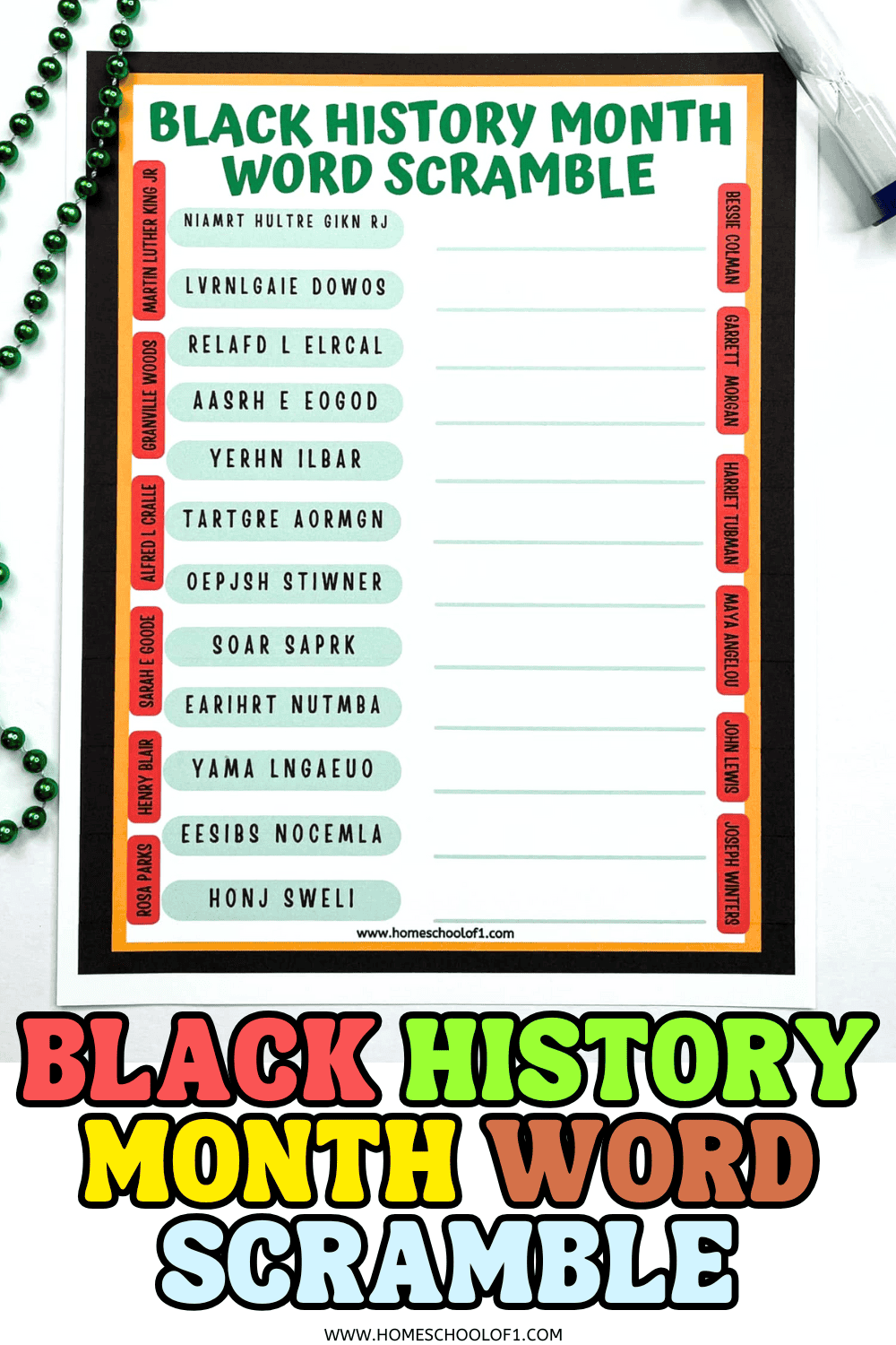 Black History Month word scramble worksheet featuring names of influential African Americans with space to write answers