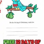 Coloring page of a partridge in a pear tree with a 12 Days of Christmas writing prompt for kids.