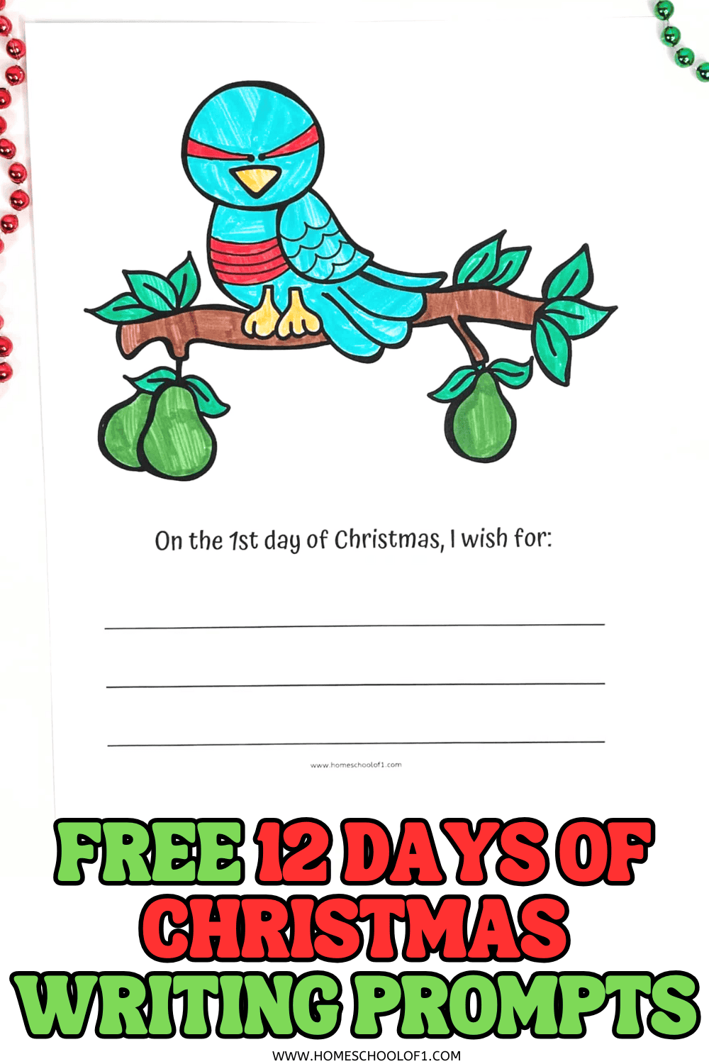 Coloring page of a partridge in a pear tree with a 12 Days of Christmas writing prompt for kids.