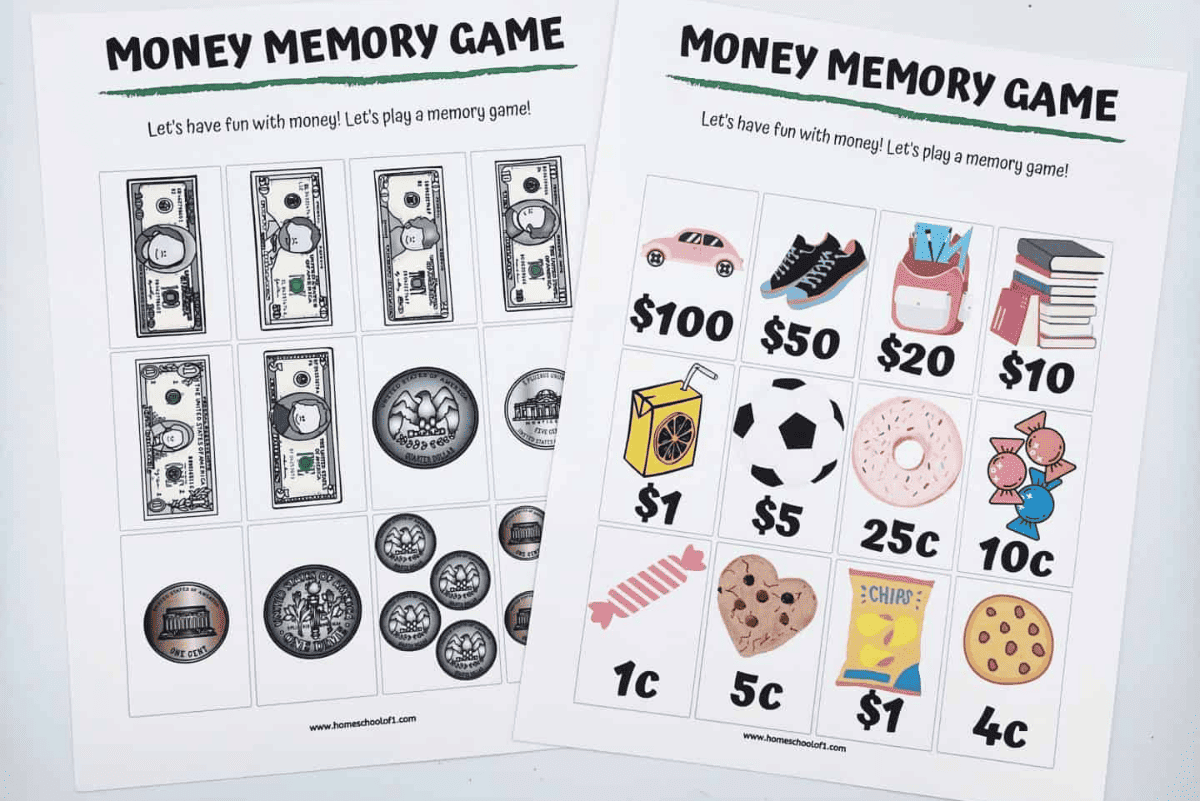 wo printable Money Memory Game sheets are shown side by side. The left sheet features black-and-white images of U.S. bills and coins, while the right sheet shows colorful illustrations of items with price tags such as $100 for a car, 25¢ for a soccer ball, and 1¢ for a piece of candy. The activity is designed to help children match monetary values with corresponding visuals.