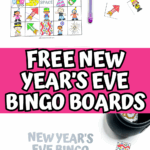 New Yearโs Eve bingo game in play with printable boards, calling cards, and colorful gem markers scattered on the table.