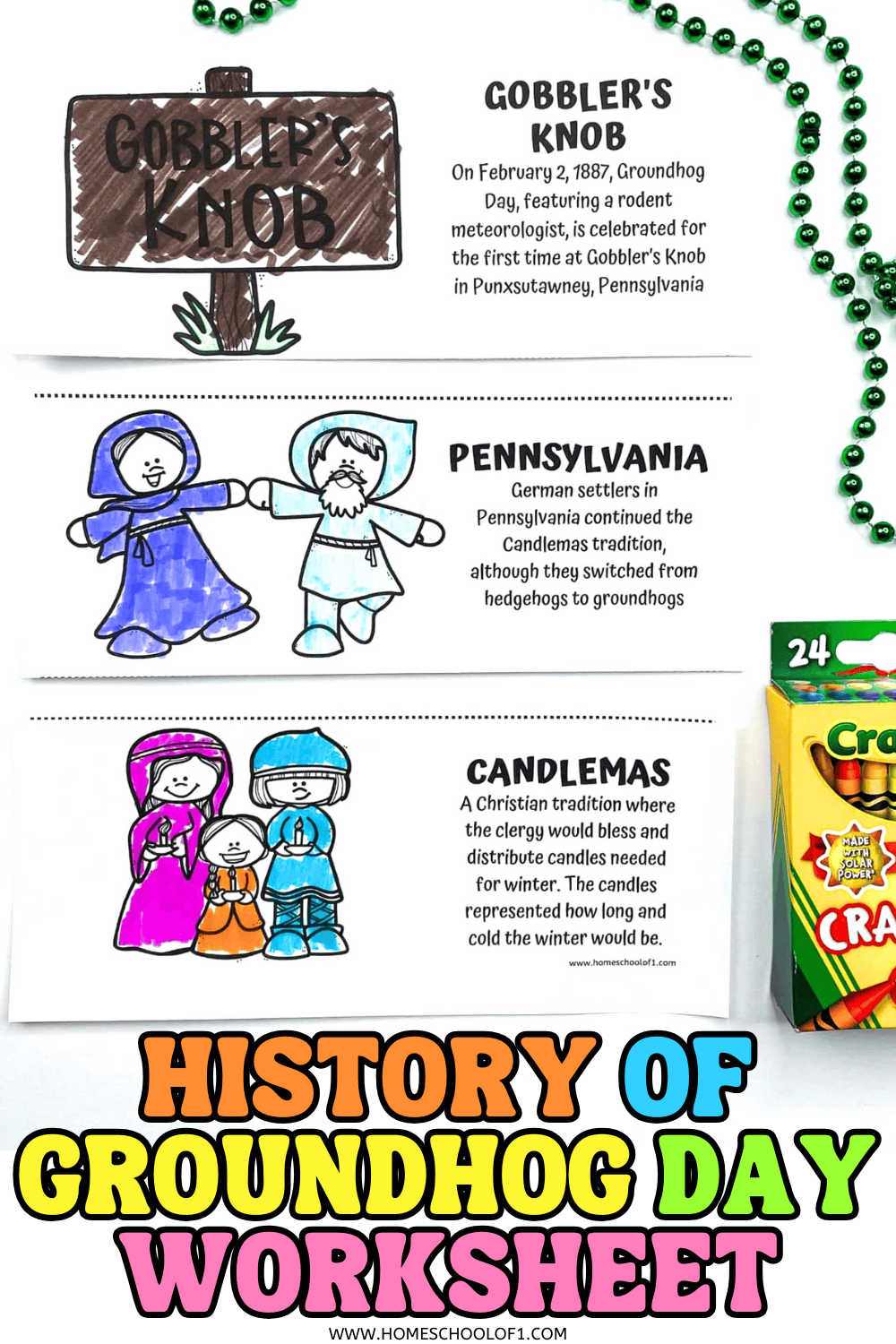 History of Groundhog Day worksheet showing Gobblerโs Knob, Pennsylvania, and Candlemas coloring sections for kids.