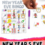 Hand placing bingo marker on colorful New Yearโs Eve bingo printable card with festive icons like fireworks, party hats, and clocks.