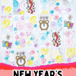 Printable New Year’s Eve memory game cards with festive clocks, confetti, and Happy New Year designs laid out in rows.