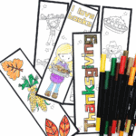 Printable Thanksgiving bookmarks for kids with fall-themed designs, shown partially colored alongside coloring pens.