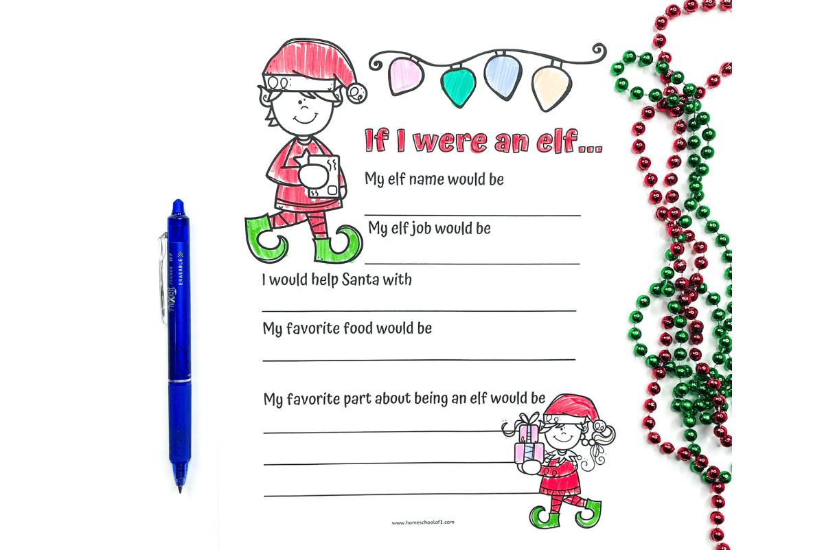 If I were an elf writing prompt worksheet for kids, featuring fill-in-the-blank lines, cartoon elves, and Christmas lights, shown with festive beads and a blue pen