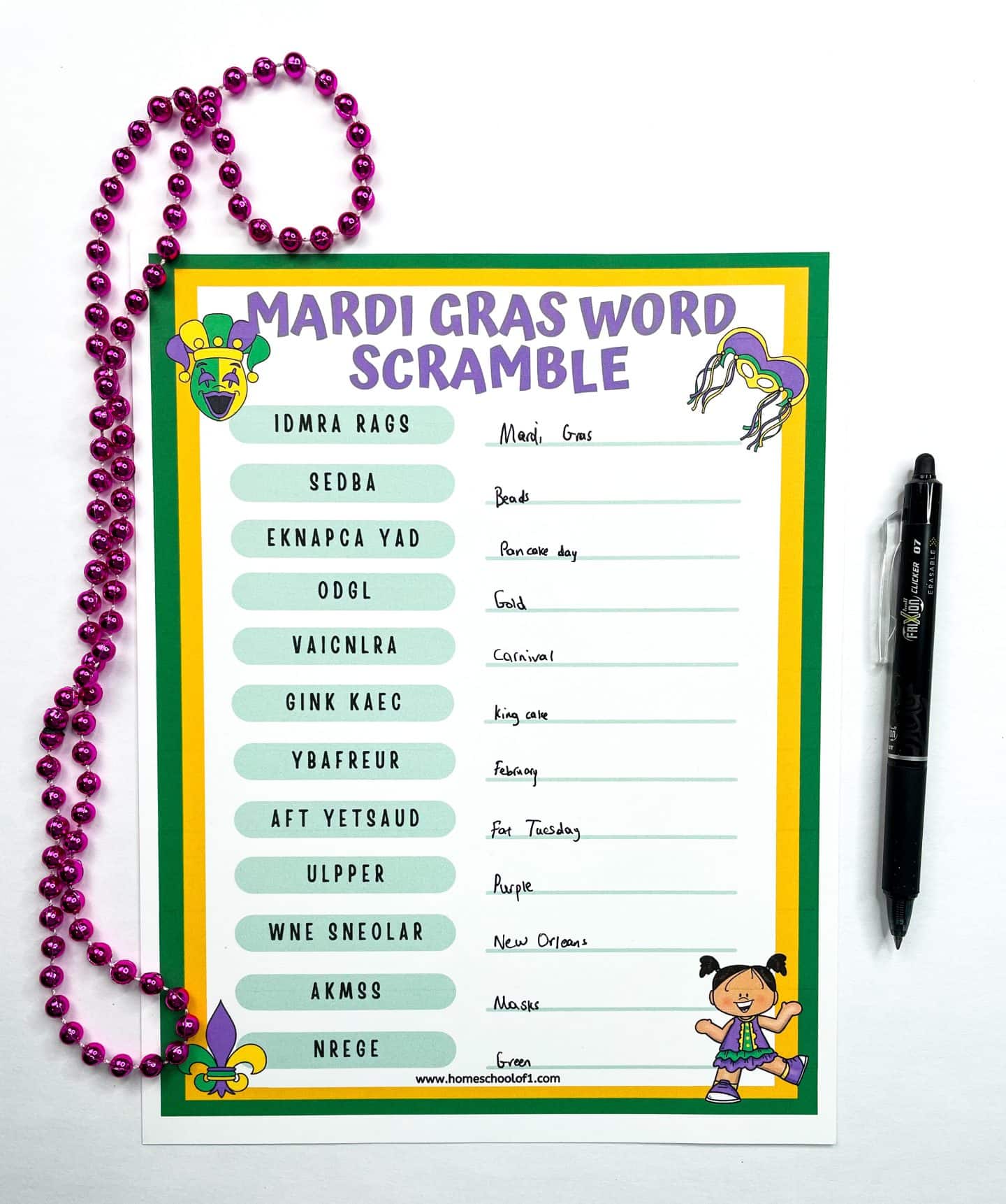 mardi gras word scramble answer