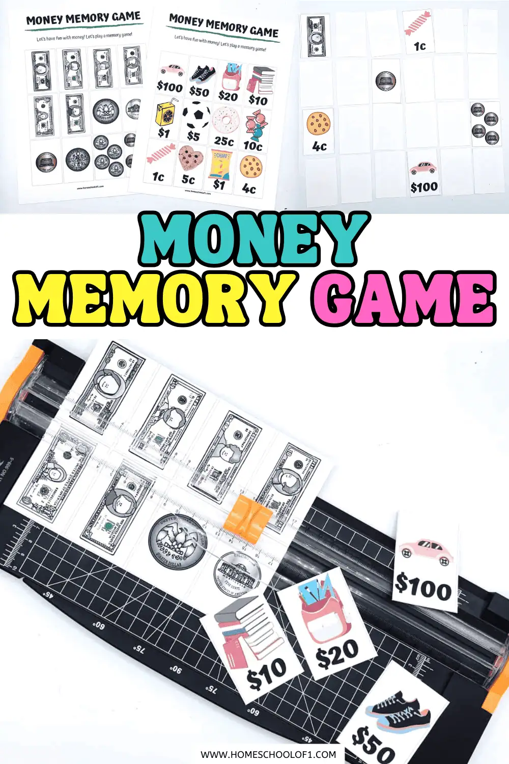 Free printable money memory game with matching cards to help kids learn coins, bills, and money values