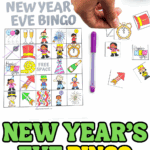 Hand holding a New Yearโs Eve bingo calling card above a festive printable bingo board with icons and purple marker.