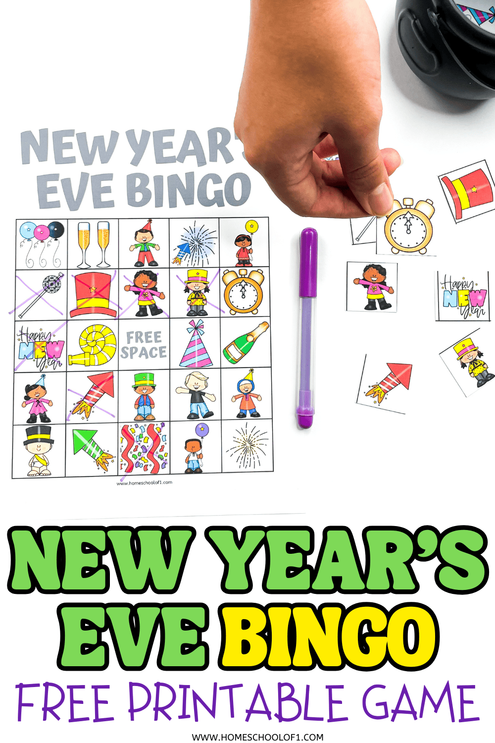 Hand holding a New Year’s Eve bingo calling card above a festive printable bingo board with icons and purple marker.