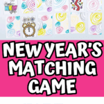 Printable New Year’s Eve matching game cards being cut with a paper cutter, featuring illustrations like hats, fireworks, champagne, and party horns.