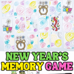 Cut-out printable New Year’s Eve memory game cards with holiday-themed illustrations, including party hats, champagne, clocks, and confetti.