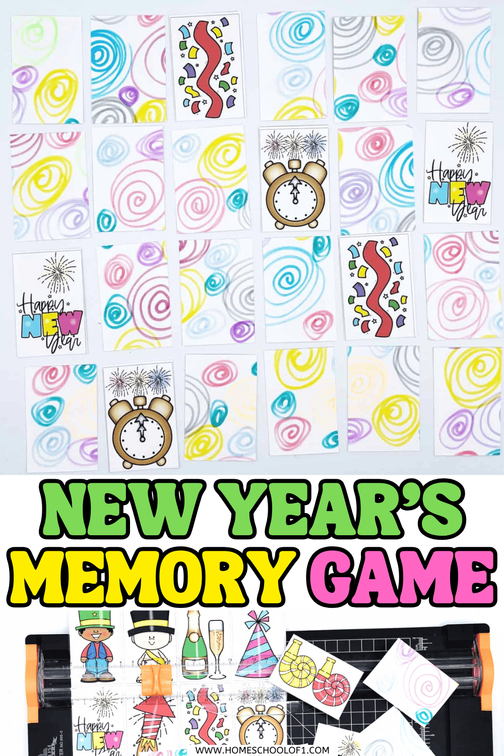 Cut-out printable New Year’s Eve memory game cards with holiday-themed illustrations, including party hats, champagne, clocks, and confetti.