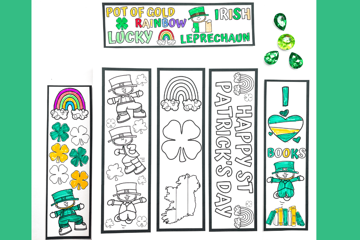 A set of printable St. Patrick’s Day bookmarks featuring themed illustrations such as leprechauns, rainbows, shamrocks, the shape of Ireland, and festive phrases like “Happy St. Patrick’s Day” and “Pot of Gold, Rainbow, Lucky, Leprechaun.” Some bookmarks are partially colored in green, yellow, and gold, while others are left black and white for kids to color. Green gem decorations add a playful holiday touch.