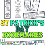 Printable St Patrickโs Day bookmarks to color featuring leprechauns, shamrocks, rainbows, and fun phrases, with colored examples and markers shown below.