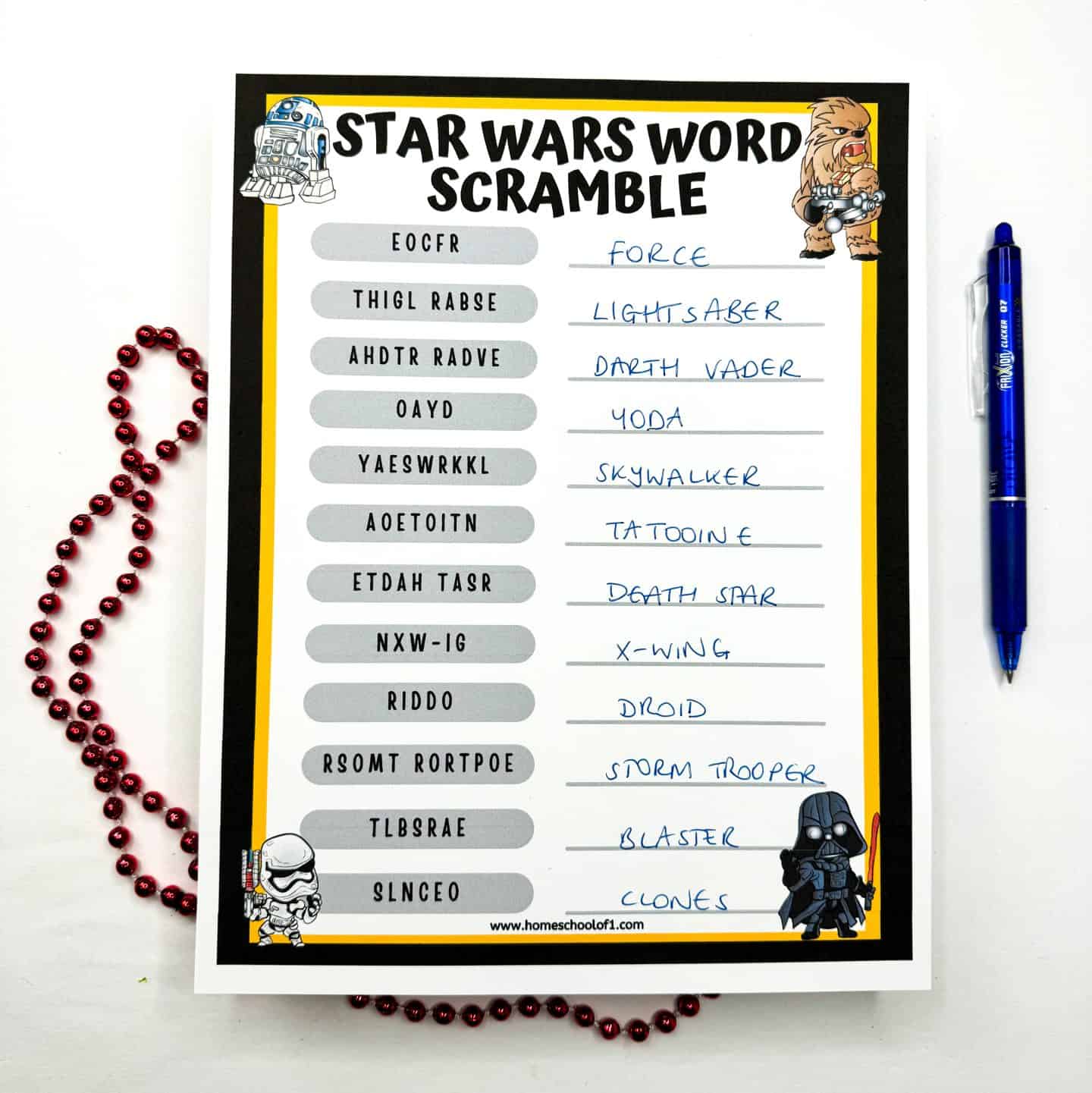 star wars word scramble answers