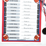 Super Bowl word scramble printable with football-themed vocabulary, including touchdown, kickoff, helmet, quarterback, and field goal, designed for kids and classrooms.
