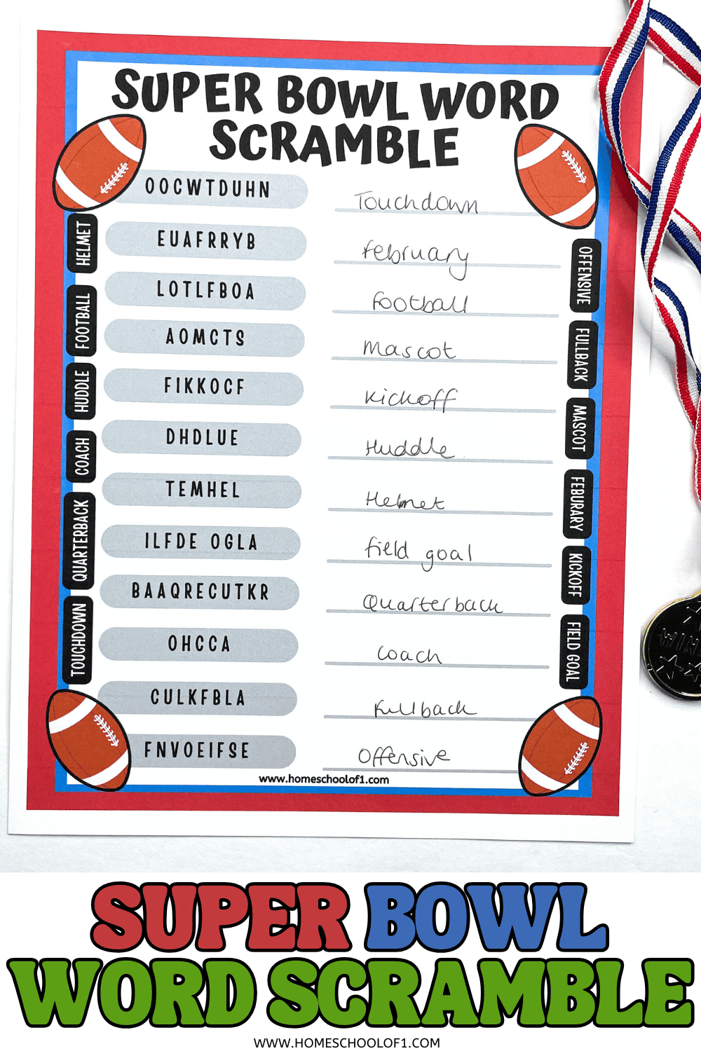 Super Bowl word scramble printable with football-themed vocabulary, including touchdown, kickoff, helmet, quarterback, and field goal, designed for kids and classrooms.