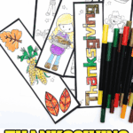 A set of Thanksgiving bookmarks to color, featuring turkeys, fall leaves, corn, and kids holding holiday symbols, partially colored with markers.