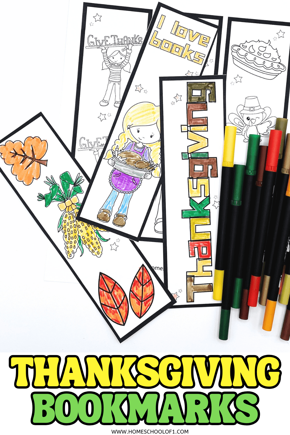 A set of Thanksgiving bookmarks to color, featuring turkeys, fall leaves, corn, and kids holding holiday symbols, partially colored with markers.

