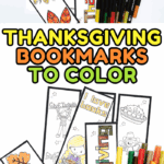 Multiple Thanksgiving coloring bookmarks laid out with markers, including designs of pie, pumpkins, and children giving thanks.