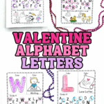 Valentine alphabet letters printable set showing multiple letter worksheets with coloring and letter recognition activities