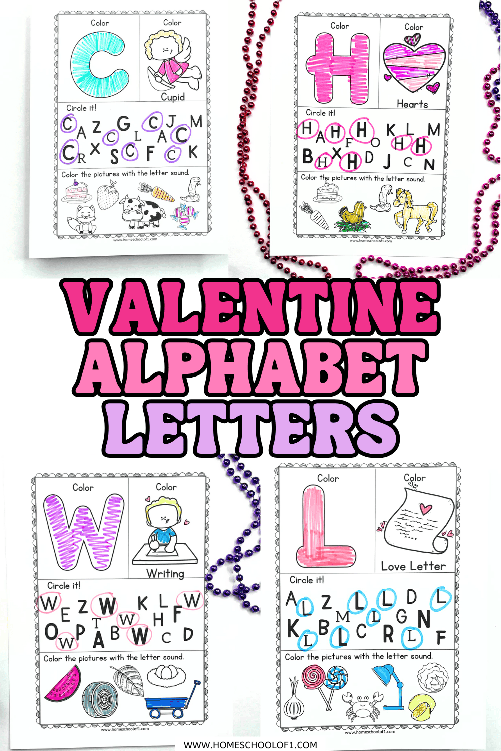Valentine alphabet letters printable set showing multiple letter worksheets with coloring and letter recognition activities