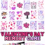 Printable Valentine’s Day memory game cards laid out in rows, featuring hearts, teddy bears, flowers, and pink swirl patterns