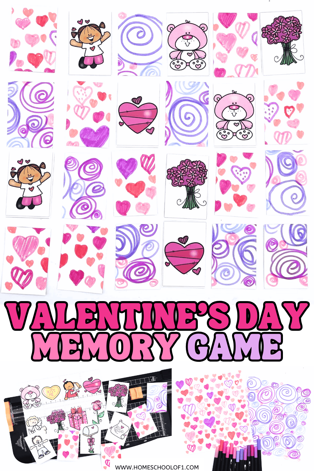 Printable Valentineโs Day memory game cards laid out in rows, featuring hearts, teddy bears, flowers, and pink swirl patterns