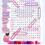 Valentineโs Day word search printable with 15 themed words, including love, cupid, chocolate, and heart, shown completed with colorful markers