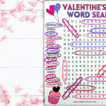 Valentineโs Day word search puzzle with 15 themed vocabulary words, shown completed with colorful markers