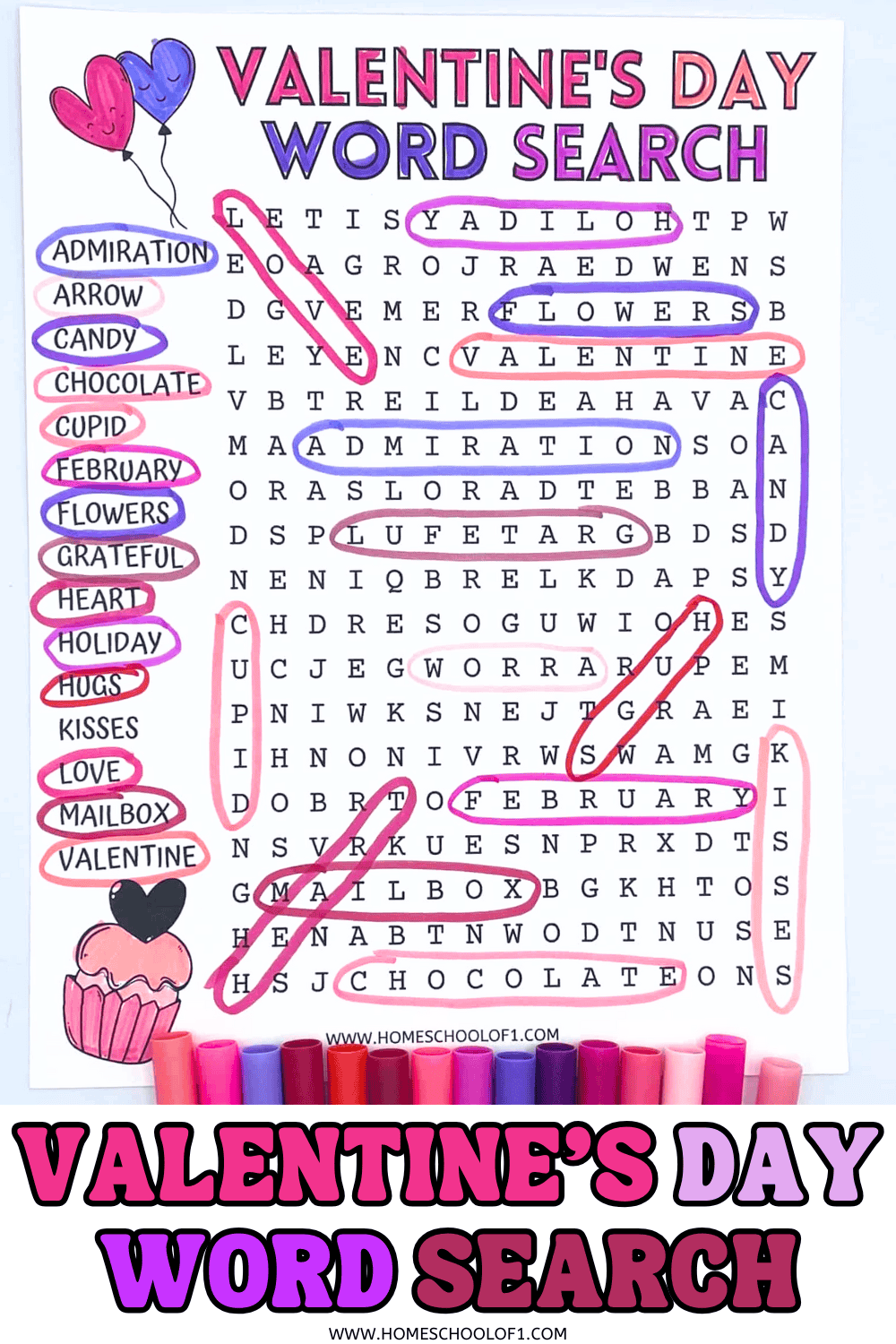 Valentineโs Day word search printable with 15 themed words, including love, cupid, chocolate, and heart, shown completed with colorful markers