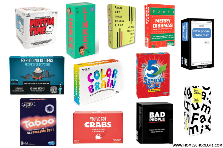 This image shows a collage of popular party and card games for teens. The games featured include “Muffin Time,” “Linkee,” “Taco Cat Goat Cheese Pizza,” “Merry Dissmas,” “New Phone, Who Dis?”, “Exploding Kittens,” “Color Brain,” “5 Second Rule,” “Taboo,” “You've Got Crabs,” “Bad People,” and “Unstable Unicorns.” Most boxes are brightly colored with bold typography, giving off a playful and competitive vibe.