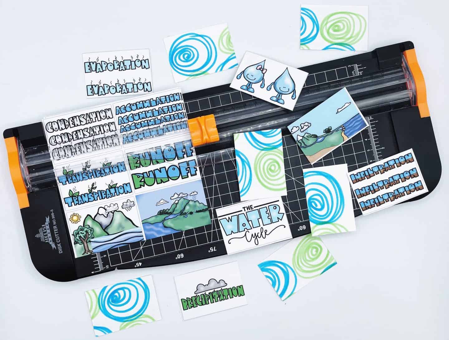 water cycle matching game on a paper cutter.
