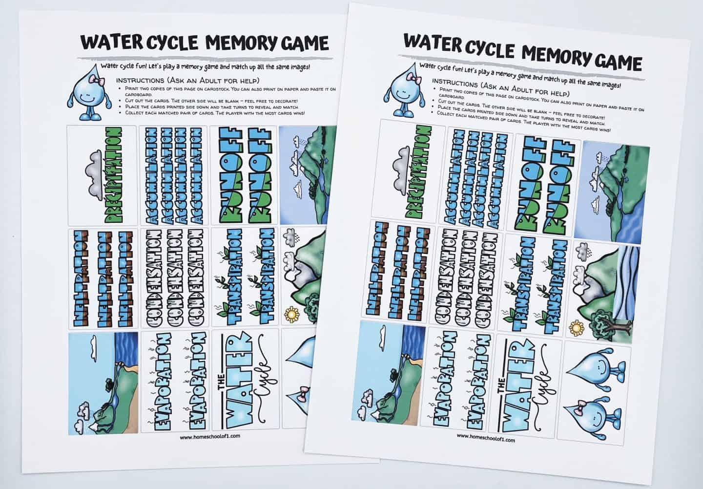 water cycle memory game printable featuring 2 pages.