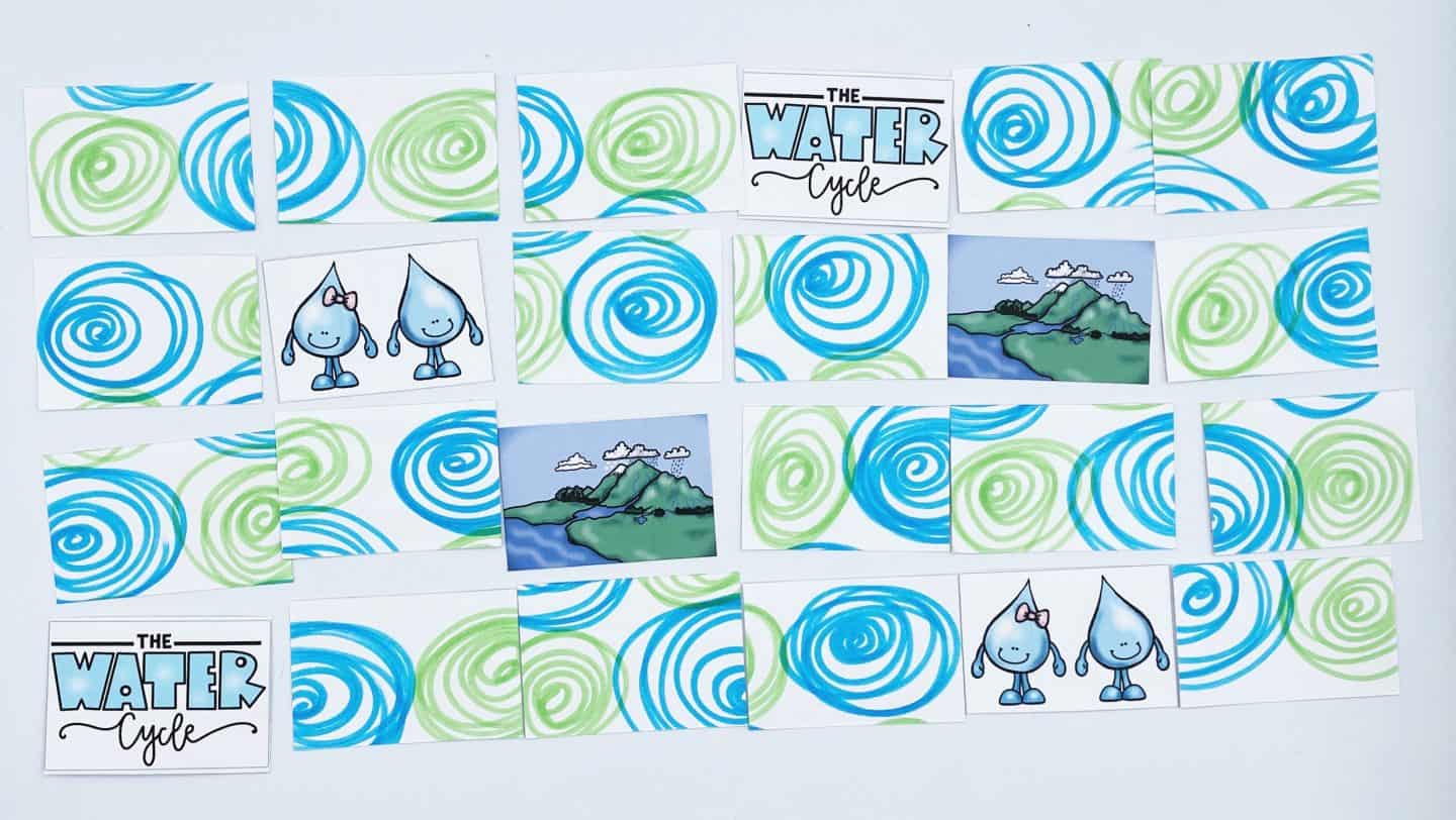 water cycle memory match game laid out and being played. 