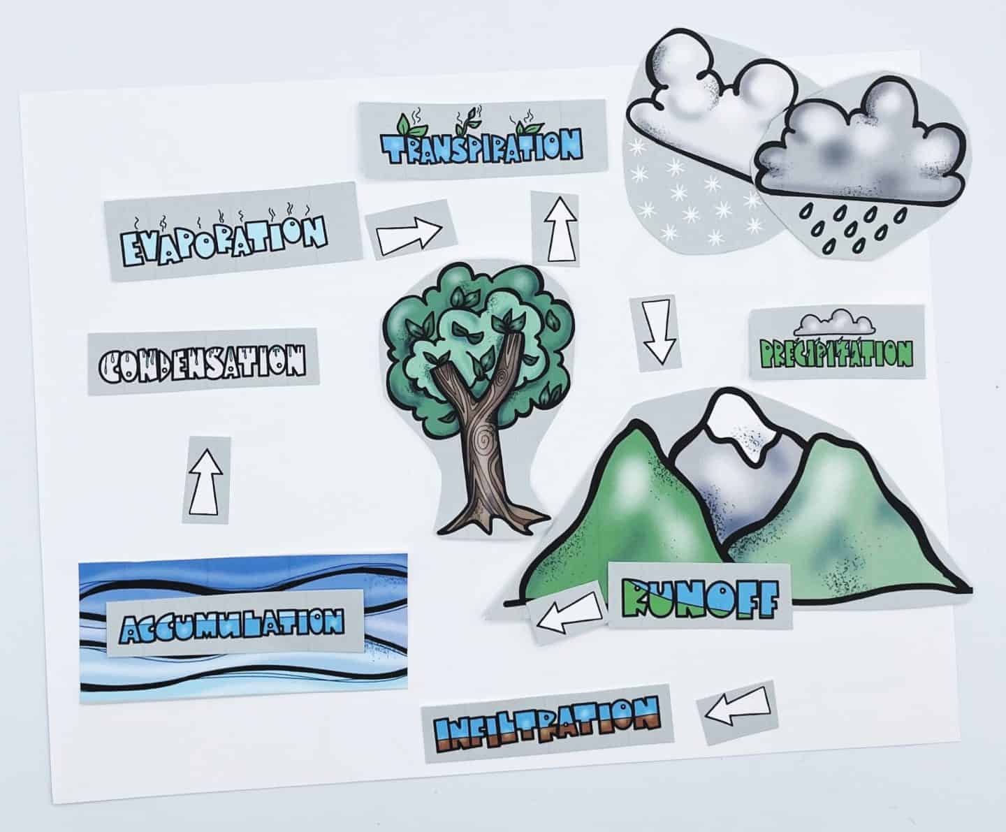 completed water cycle cut and paste activity with both images of trees, mountains, rain cluds, and water with the correct words and arrows. 