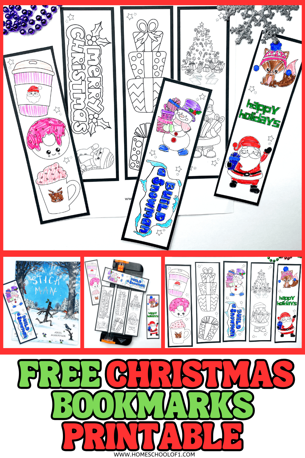 Free Christmas bookmarks printable featuring cute designs like Santa, snowmen, and gifts—perfect for kids to color and use.

