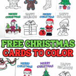 8 free Christmas coloring cards featuring festive designs like Santa, Christmas trees, stockings, and gingerbread men, some partially colored in.