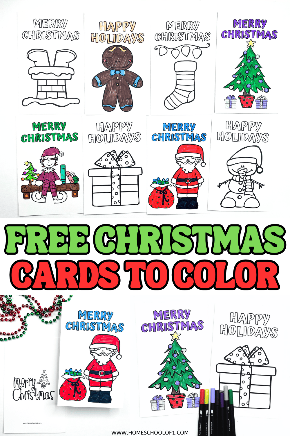8 free Christmas coloring cards featuring festive designs like Santa, Christmas trees, stockings, and gingerbread men, some partially colored in.

