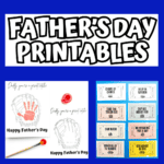 Collection of Father’s Day printables on a bold blue background, including kid-friendly coloring pages, fill-in-the-blank dad facts, handmade handprint art, reward coupons, grandpa-themed bookmarks, and a Father's Day word scramble game.