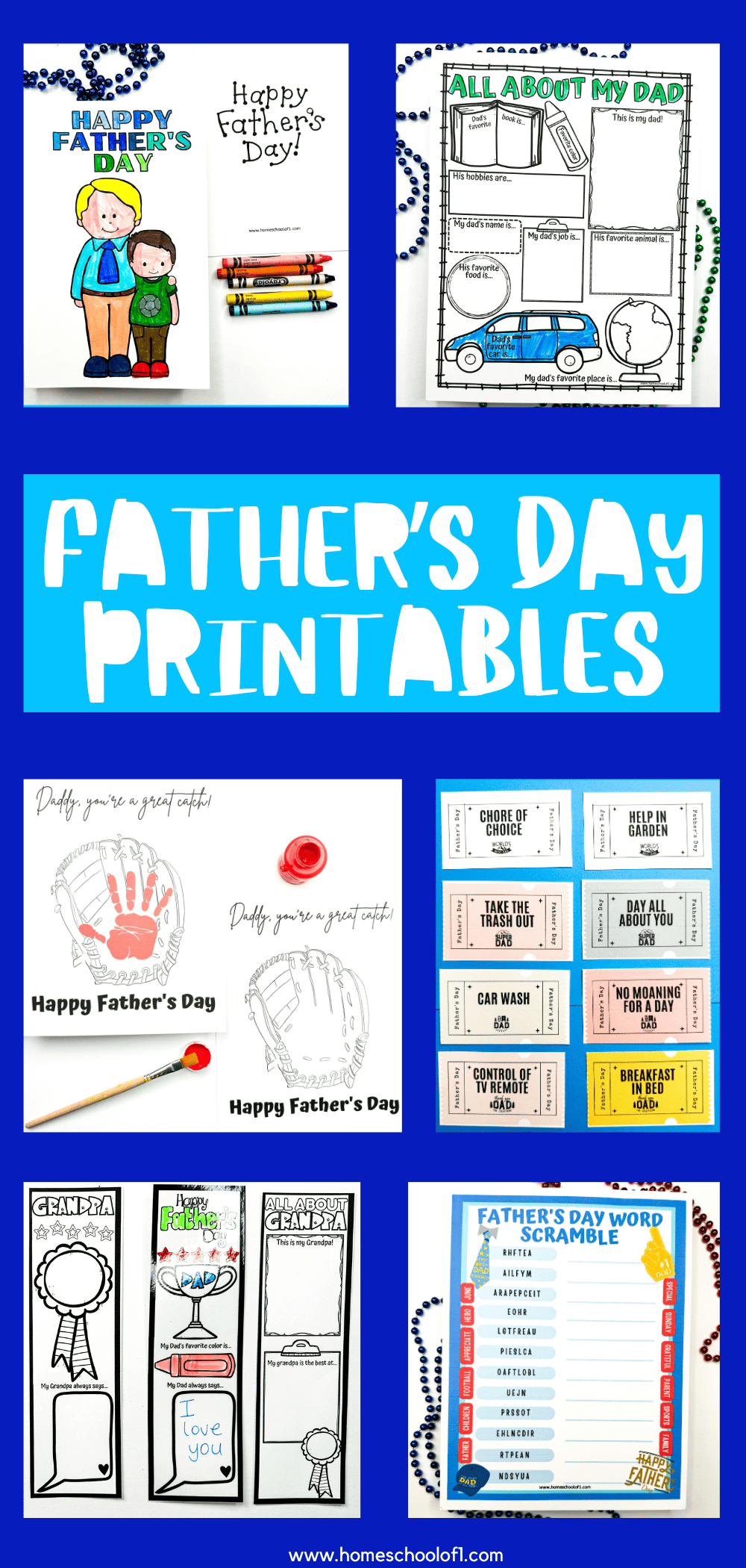 Collage of colorful Father's Day printables, including a "Happy Father's Day" card with a father and child illustration, an "All About My Dad" fill-in worksheet, a handprint craft with a baseball glove design, DIY Father's Day coupons, bookmarks for Grandpa and Dad, and a word scramble activity, all displayed on a bright blue background.