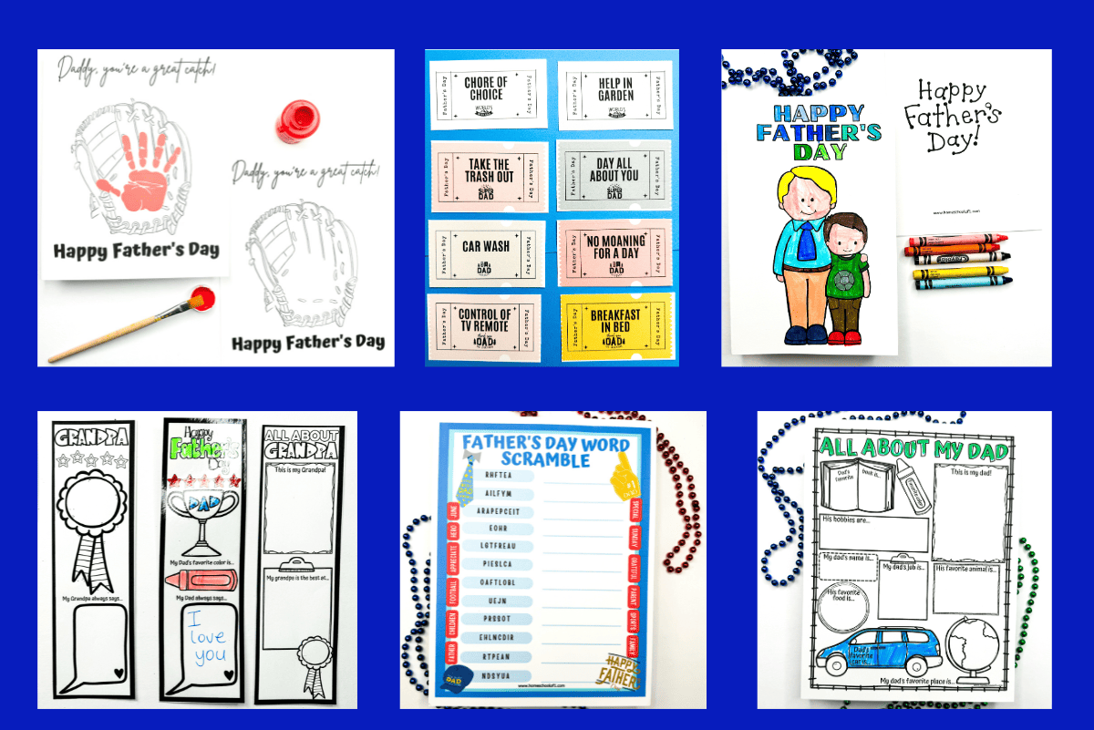 A collage of free Father’s Day printables for kids, including a handprint craft that says “Daddy, you are a great catch,” colorful Father’s Day coupons, a card to color, a “Best Dad” ribbon cutout, a Father’s Day word scramble, and an “All About My Dad” fill-in-the-blank activity.
