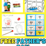 Bright and colorful layout of free Father’s Day activity printables featuring a child’s coloring card, questionnaire about dad, handprint craft with the phrase “Daddy, you’re a great catch,” and printable coupons like “Control of TV Remote” and “Car Wash.”