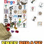 Free pirate bingo cards printable featuring cartoon pirate icons, treasure gems, and a 5x5 game board with a free space