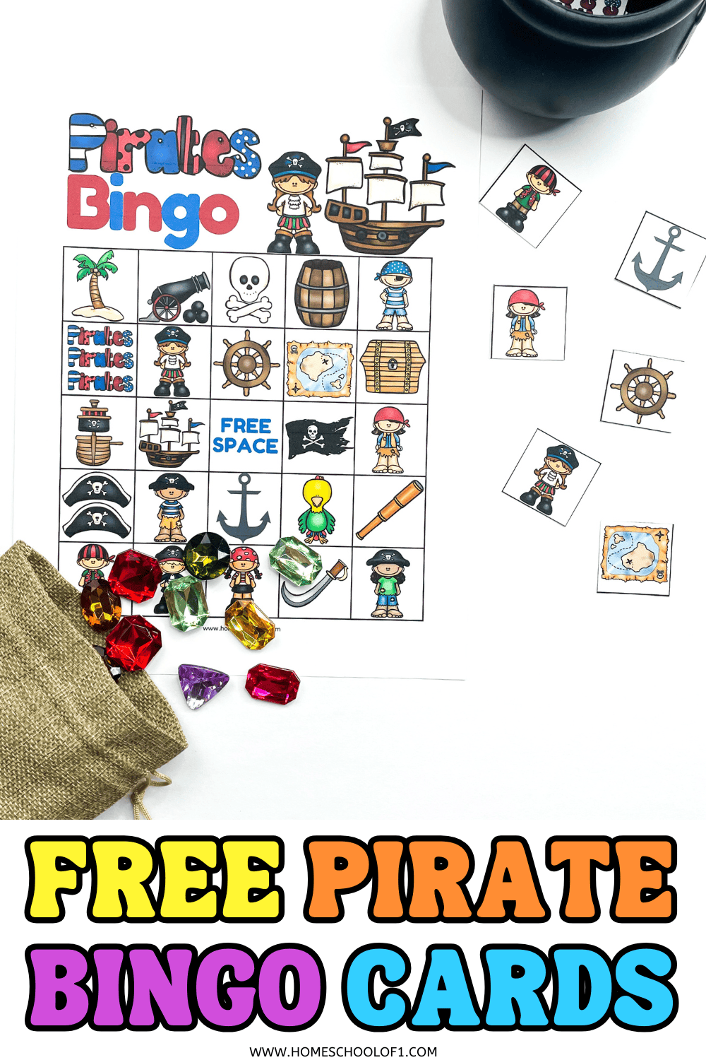 Free pirate bingo cards printable featuring cartoon pirate icons, treasure gems, and a 5x5 game board with a free space